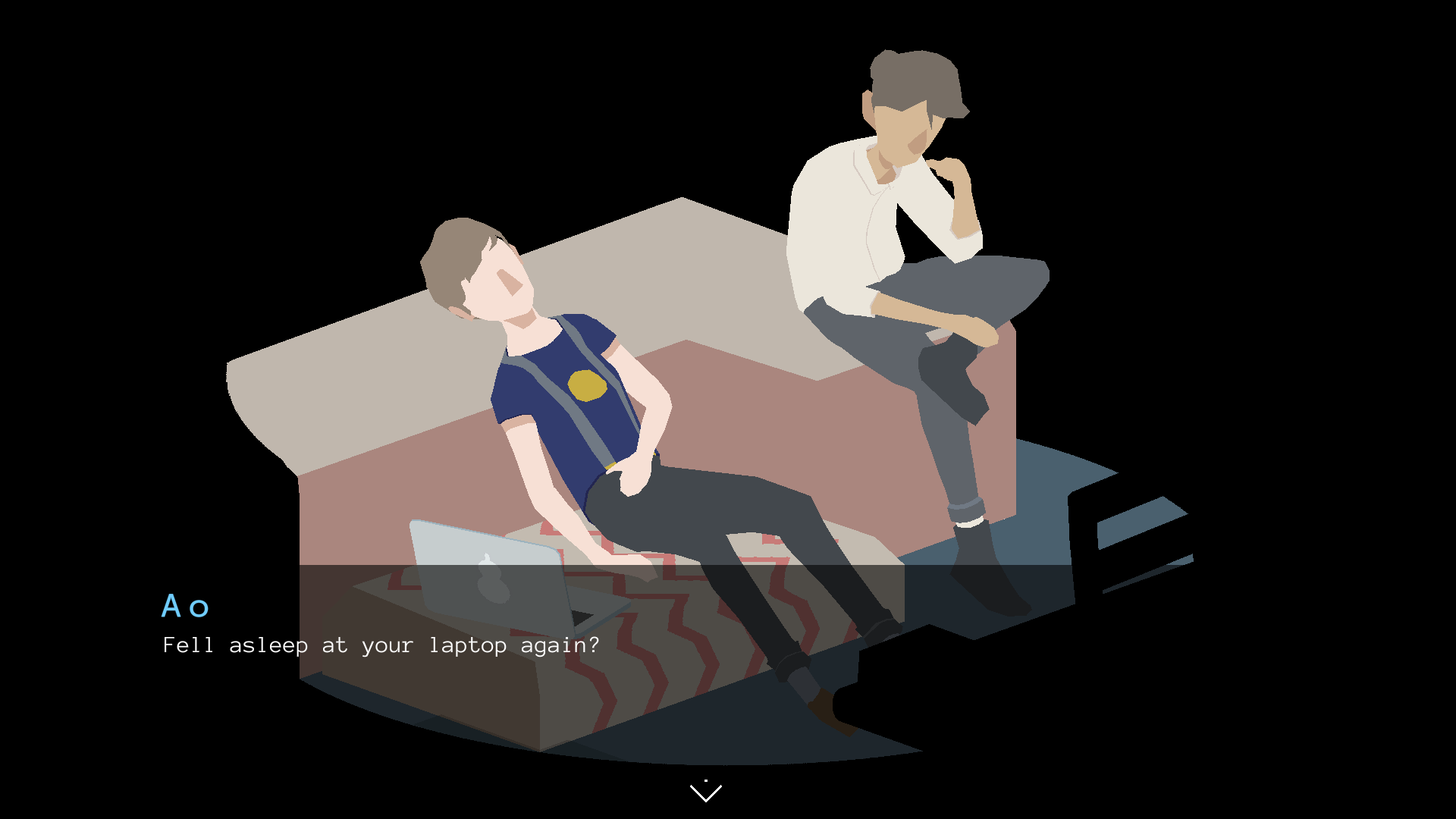 Bo and Ao sit on the couch. The text reads "Ao: Fell asleep at your laptop again?"