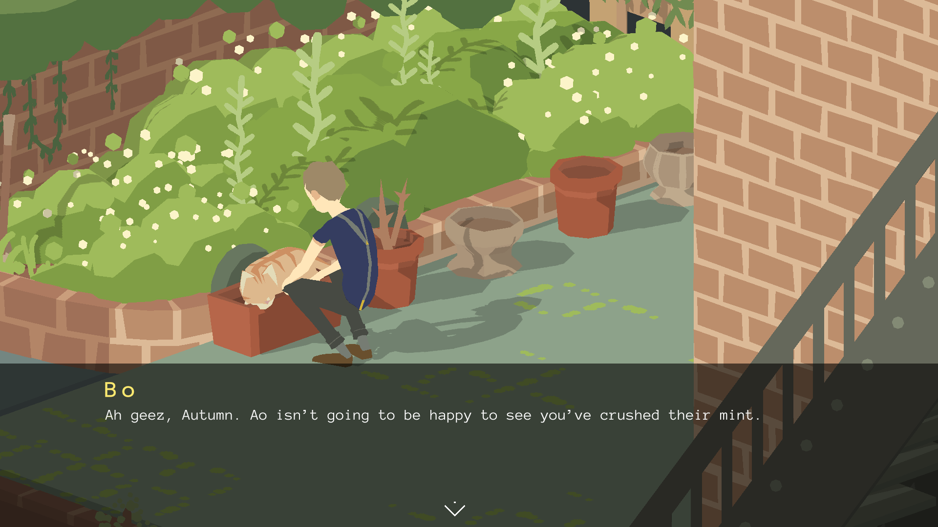 Bo talks to Autumn. The text reads "Bo: Ah geez, Autumn. Ao isn't going to be happy to see you've crushed their mint." 